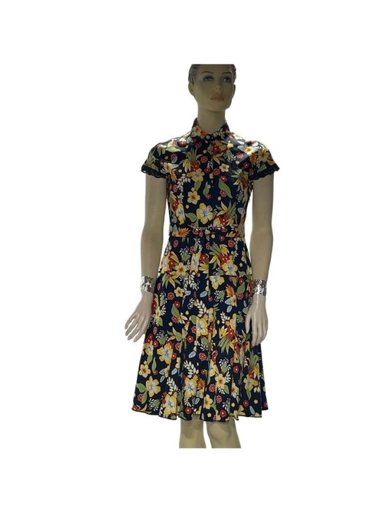 Id~Dio Dresses & Skirts - Floral Short Sleeve Collared A-Line Dress With Belt Size 10 By Id~Dio